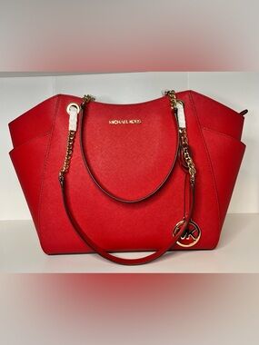 Michael Kors Red Jet Set Large Saffiano Leather Shoulder Bag